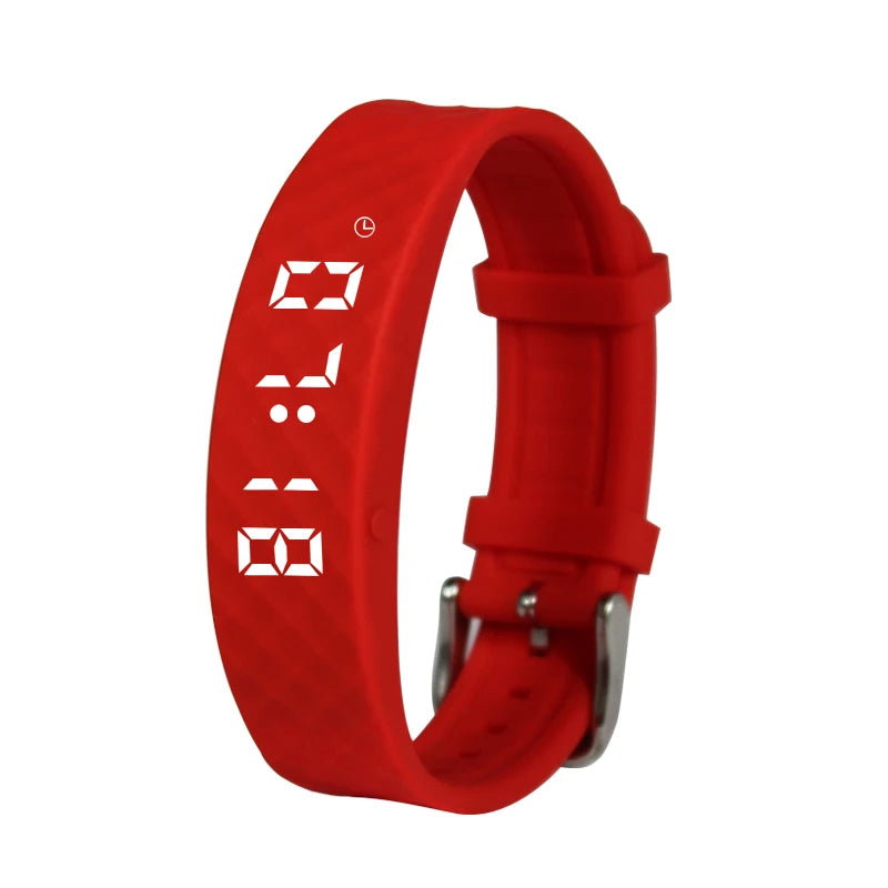 Bracelet réveil vibrant silencieux rouge, écran LED affichant l'heure, bracelet silicone à boucle