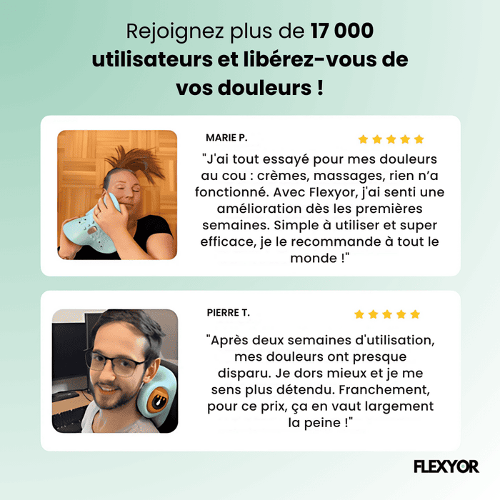 Utilisation du masseur cervical Flexyor par des clients satisafaits pour soulager sa nuque