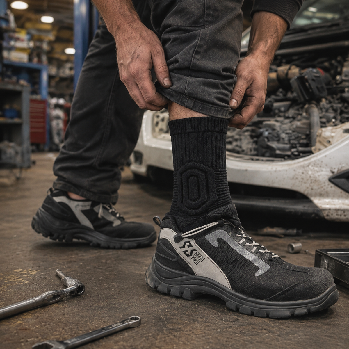 Chaussette et chaussure de securite dans un garage