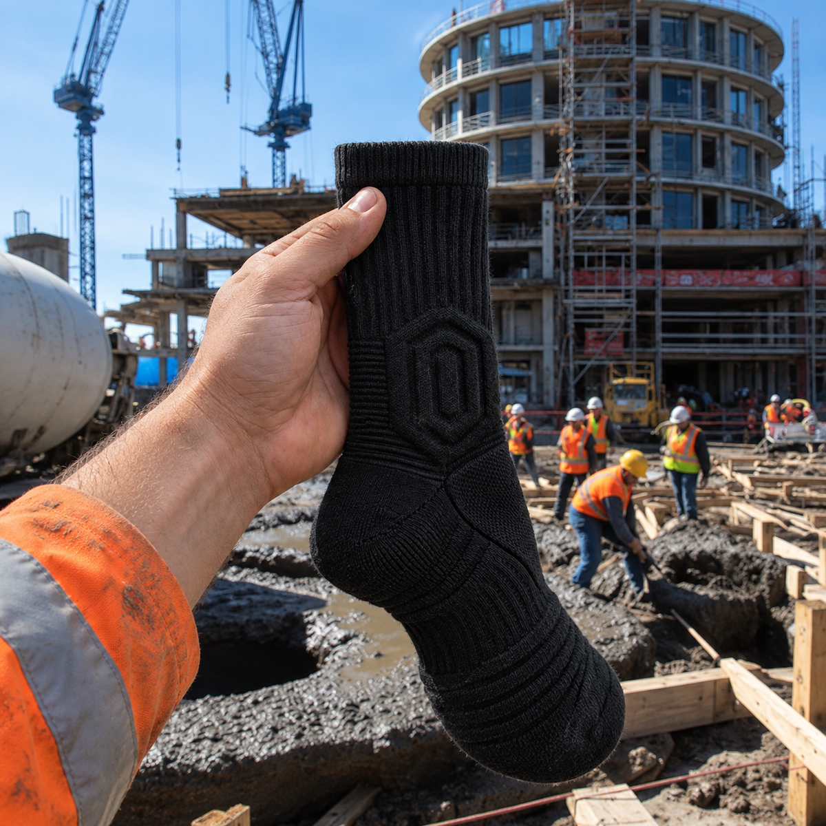 Chaussette tenue en main sur un chantier