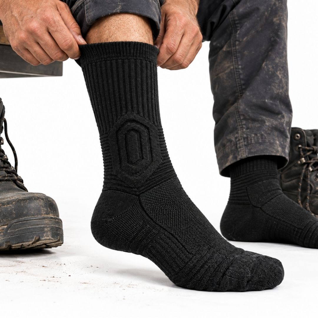 Un homme enfile sa chaussette de travail avant le poste