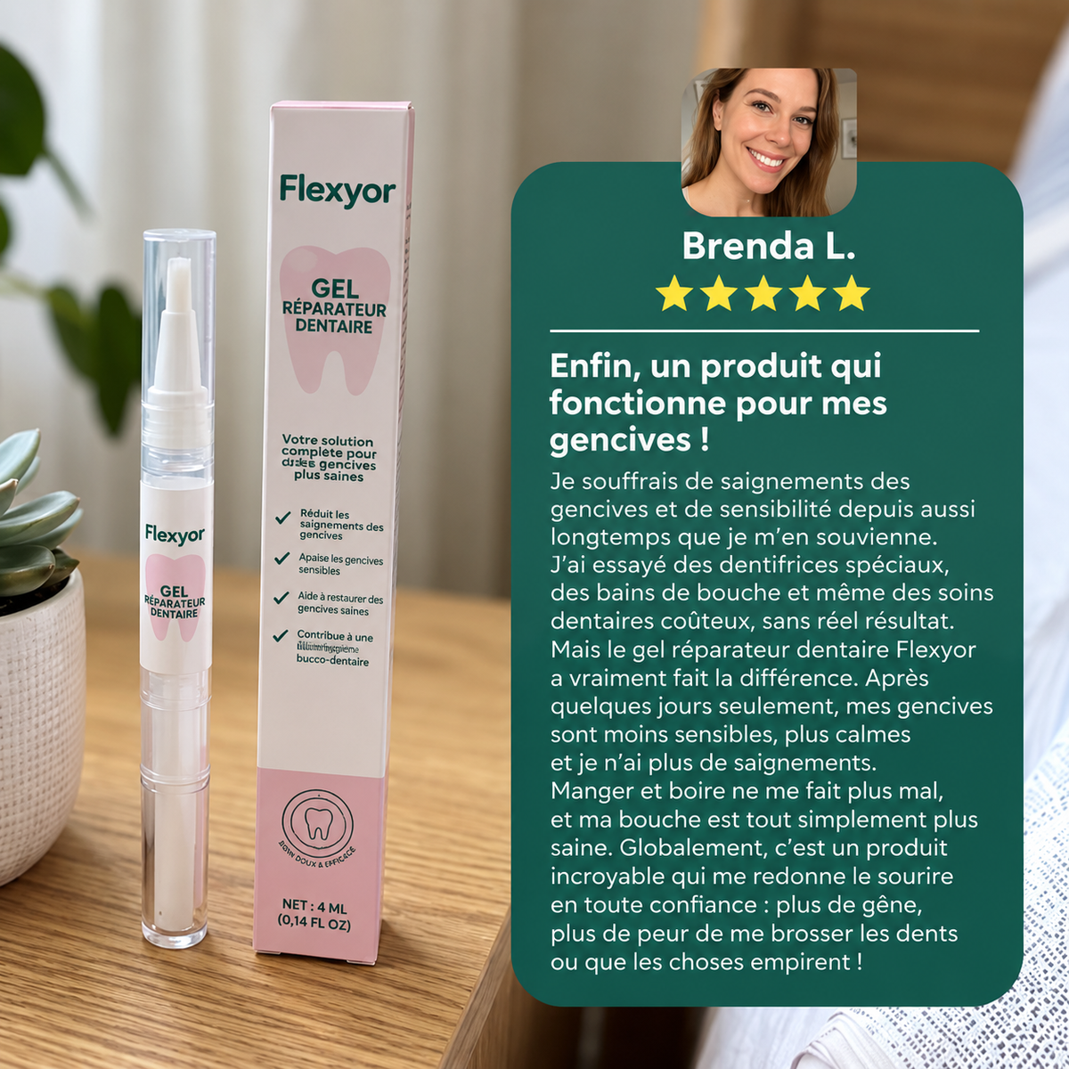 Avis de Brenda L. et étui du Gel Réparateur Dentaire