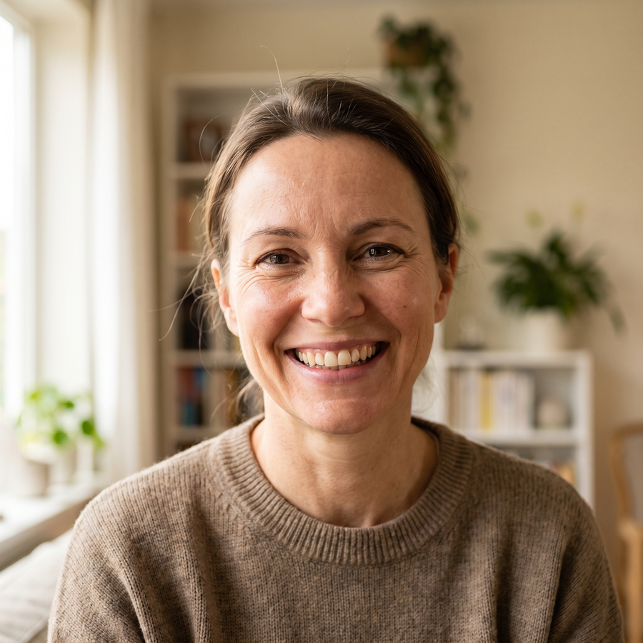 Femme au sourire détendu chez elle