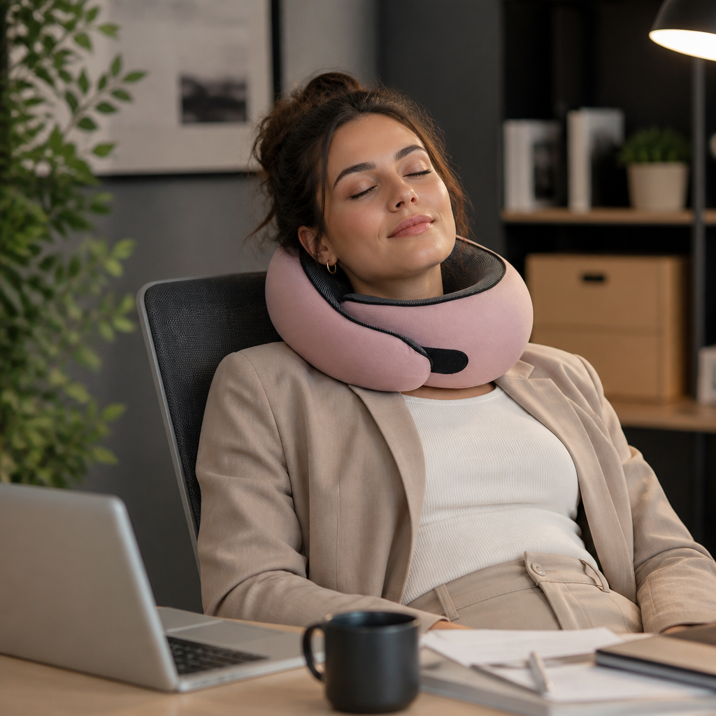 Coussin cervical voyage Flexyor utilisé au bureau, coloris noir