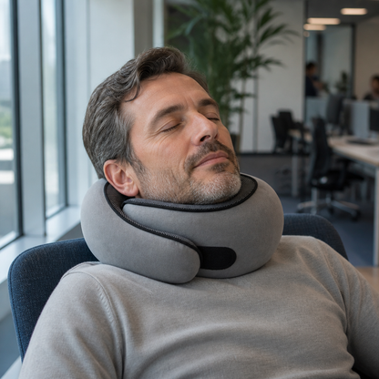 Coussin cervical voyage Flexyor utilisé au bureau, coloris gris